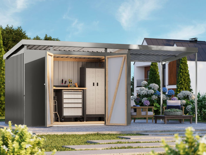 Karibu Metallgerätehaus Iridium 3 in Graualuminium, inkl. Anbaudach 2m