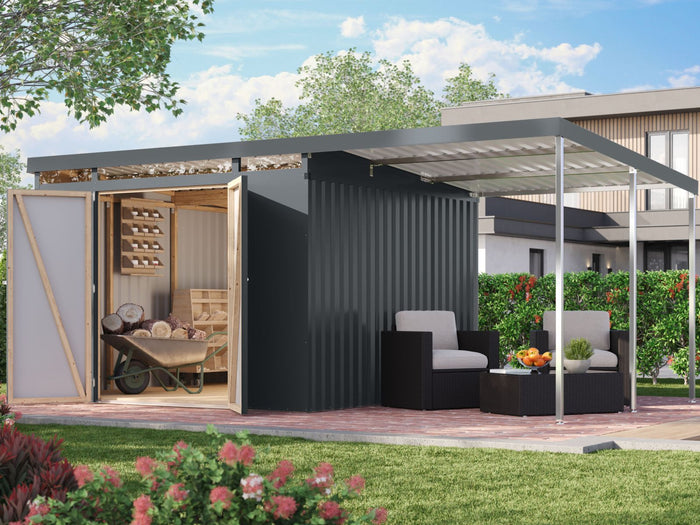 Karibu Metallgerätehaus Iridium 3,5 in Anthrazit, inkl. Anbaudach 2m