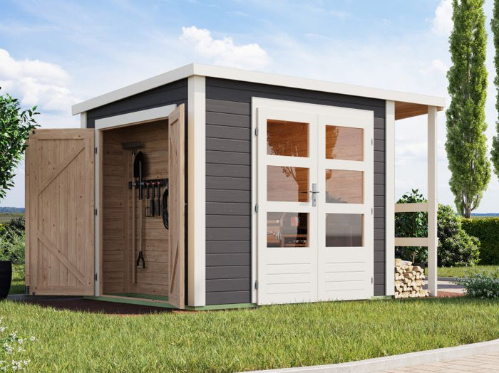 Karibu Multifunktionshaus Pultdach mit Schrank und Anbaudach 28 mm, terragrau