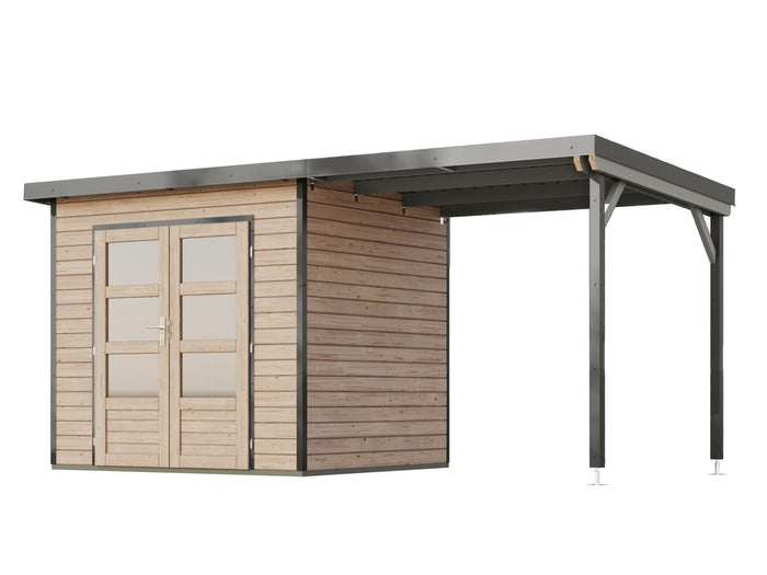 Karibu Hybrid Gartenhaus Pluto 2 A, naturbelassen/graualuminium, 28 mm, inkl. Anbaudach 2,33m