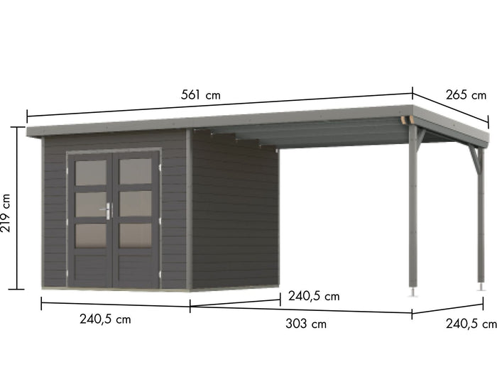 Karibu Hybrid Gartenhaus Pluto 3 B, terragrau/graualuminium, 28 mm, inkl. Anbaudach ca. 3m