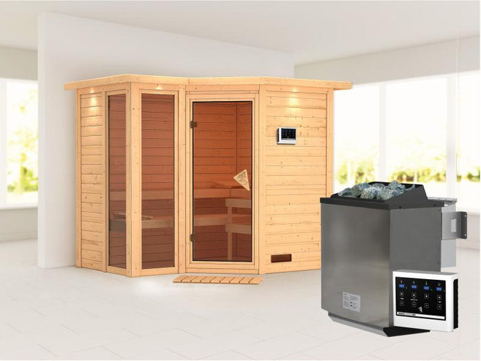 Amara - Karibu Sauna inkl. 9-kW-Bioofen - mit Dachkranz -