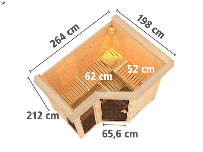 Amara - Karibu Sauna inkl. 9-kW-Bioofen - mit Dachkranz -
