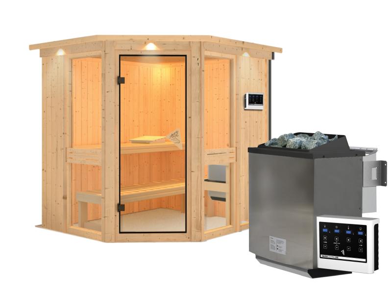 Amelia 1 - Karibu Sauna inkl. 9-kW-Bioofen - mit Dachkranz -