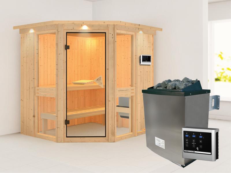 Amelia 1 - Karibu Sauna inkl. 9-kW-Ofen - mit Dachkranz -