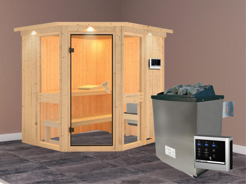 Amelia 1 - Karibu Sauna inkl. 9-kW-Ofen - mit Dachkranz -