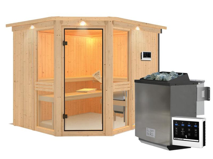 Amelia 3 - Karibu Sauna inkl. 9-kW-Bioofen - mit Dachkranz -