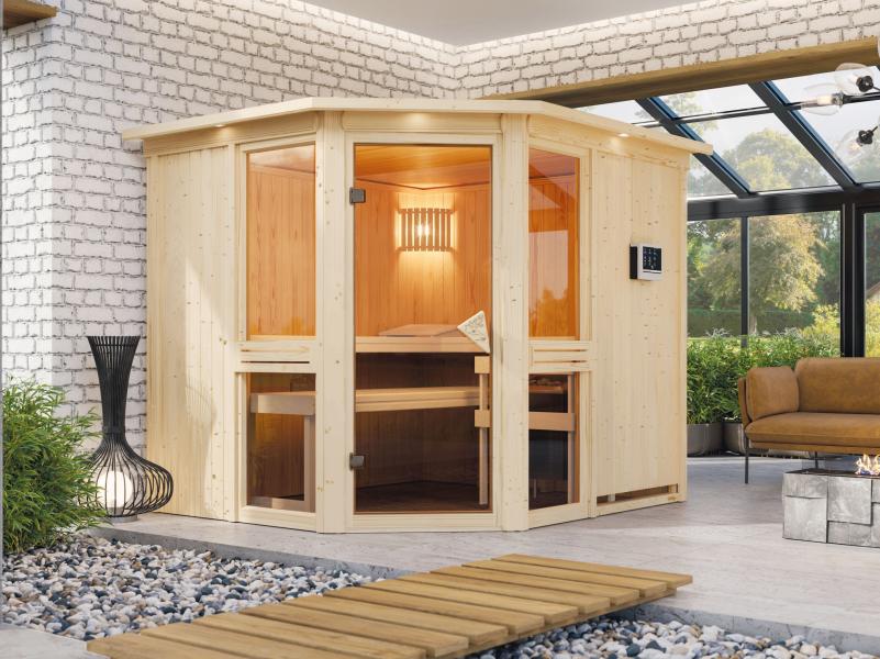 Amelia 3 - Karibu Sauna inkl. 9-kW-Ofen - mit Dachkranz -