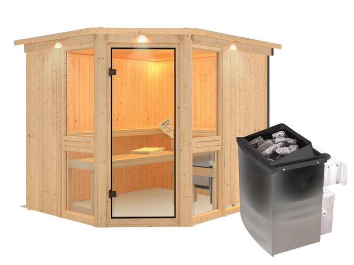 Amelia 3 - Karibu Sauna inkl. 9-kW-Ofen - mit Dachkranz -