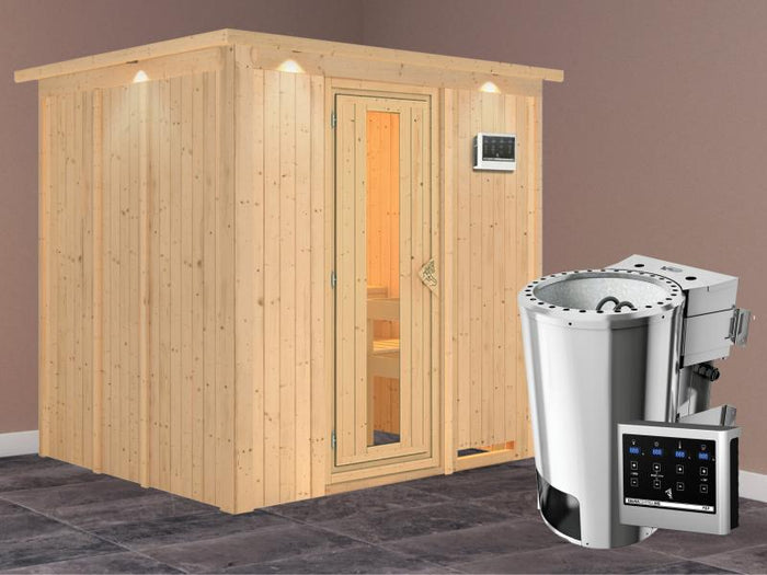 Daria - Karibu Sauna Plug & Play 3,6 kW Bio Ofen, ext. Steuerung - mit Dachkranz - Energiespartür