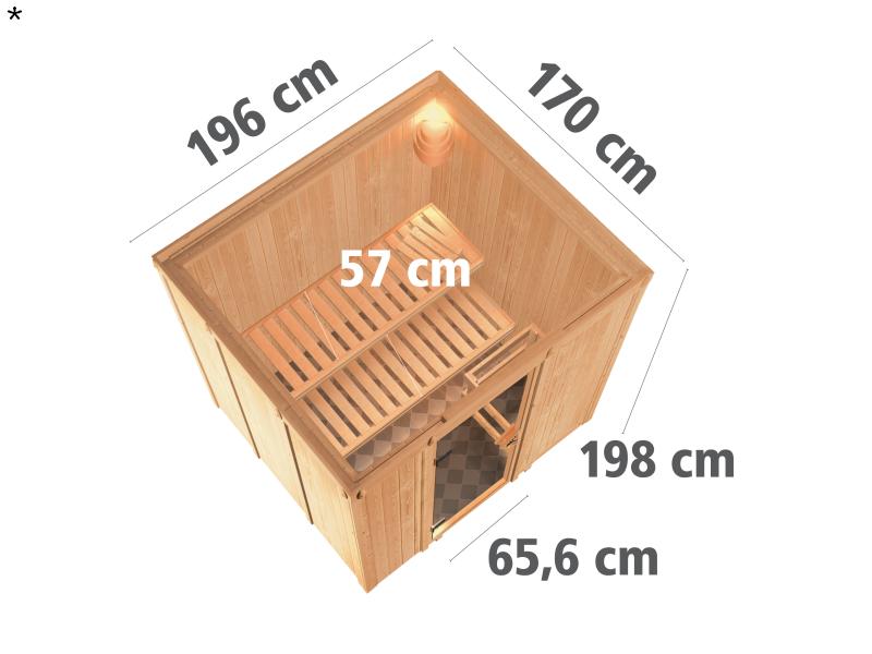 Daria - Karibu Sauna Plug & Play 3,6 kW Bio Ofen, ext. Steuerung - ohne Dachkranz - Moderne Saunatür