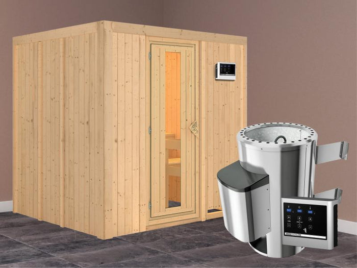 Daria - Karibu Sauna Plug & Play 3,6 kW Ofen, ext. Steuerung - ohne Dachkranz - Energiespartür