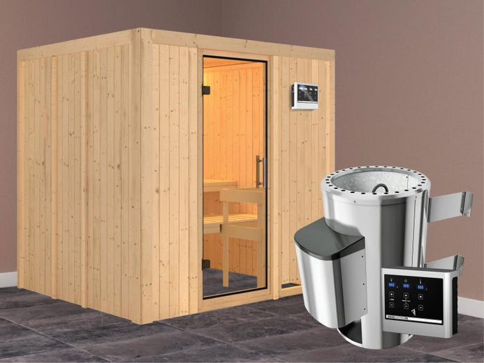 Daria - Karibu Sauna Plug & Play 3,6 kW Ofen, ext. Steuerung - ohne Dachkranz - Klarglas Ganzglastür