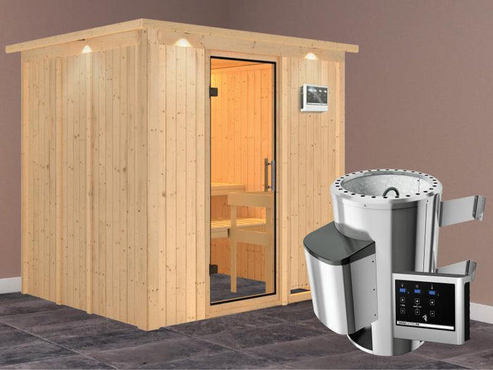 Daria - Karibu Sauna Plug & Play 3,6 kW Ofen, ext. Steuerung - mit Dachkranz - Klarglas Ganzglastür