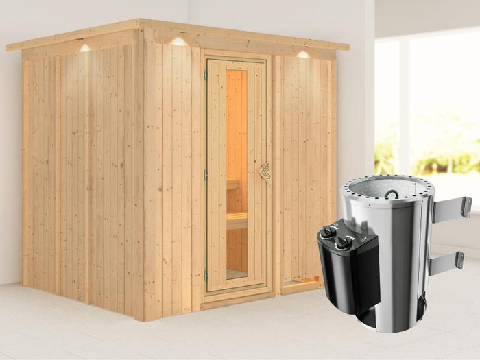 Daria - Karibu Sauna Plug & Play 3,6 kW Ofen, int. Steuerung - mit Dachkranz - Energiespartür