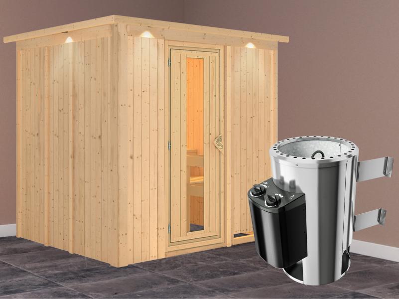 Daria - Karibu Sauna Plug & Play 3,6 kW Ofen, int. Steuerung - mit Dachkranz - Energiespartür