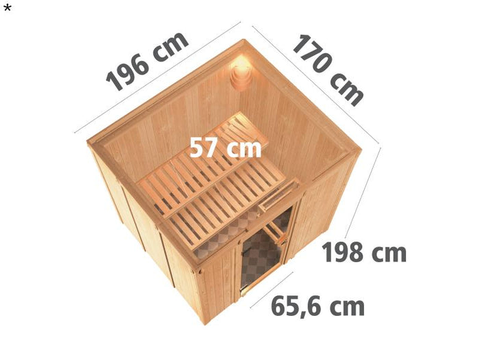 Daria - Karibu Sauna Plug & Play 3,6 kW Ofen, int. Steuerung - ohne Dachkranz - Klarglas Ganzglastür