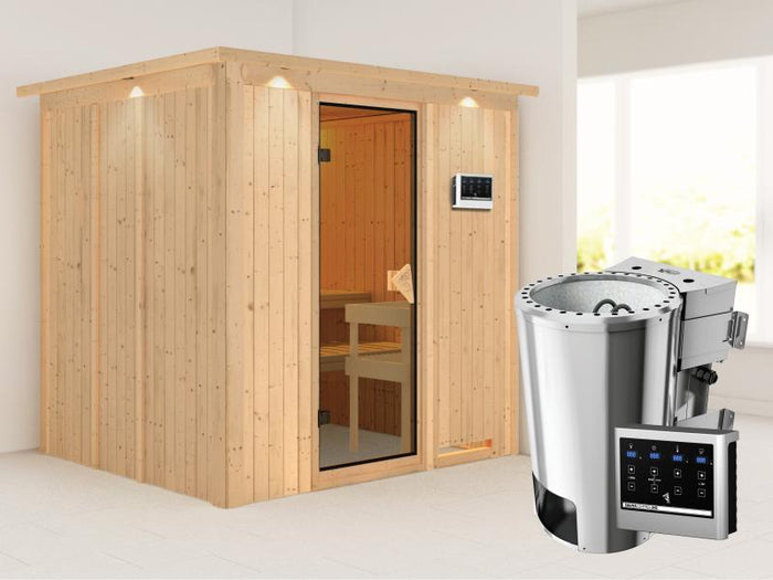 Daria - Karibu Sauna Plug & Play inkl. 3,6 kW-Bioofen - mit Dachkranz -