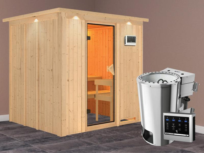 Daria - Karibu Sauna Plug & Play inkl. 3,6 kW-Bioofen - mit Dachkranz -