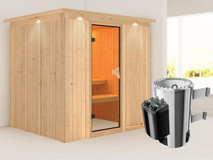 Daria - Karibu Sauna Plug & Play inkl. 3,6 kW-Ofen- mit Dachkranz -