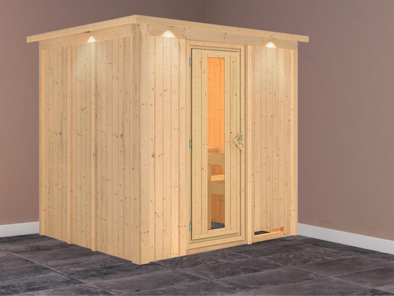 Daria - Karibu Sauna Plug & Play ohne Ofen - mit Dachkranz - Energiespartür