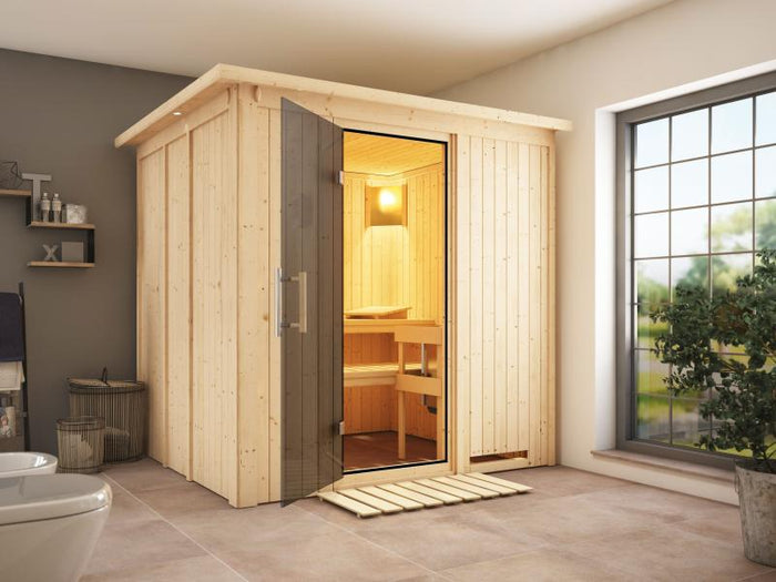 Daria - Karibu Sauna Plug & Play ohne Ofen - mit Dachkranz - Moderne Sauantür