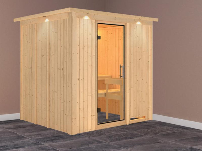 Daria - Karibu Sauna Plug & Play ohne Ofen - mit Dachkranz - Klarglas Ganzglastür