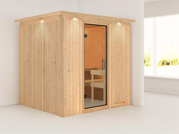 Daria - Karibu Sauna Plug & Play ohne Ofen - mit Dachkranz - Klarglas Ganzglastür