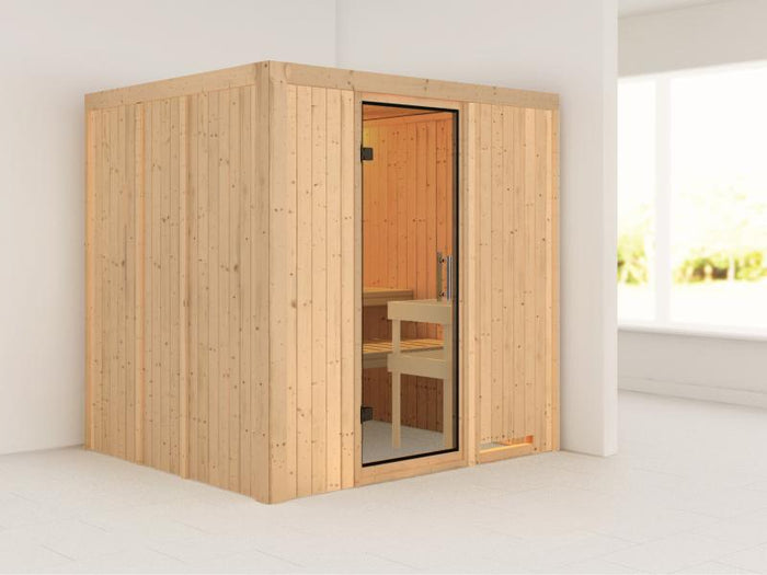 Daria - Karibu Sauna Plug & Play ohne Ofen - ohne Dachkranz - Klarglas Ganzglastür
