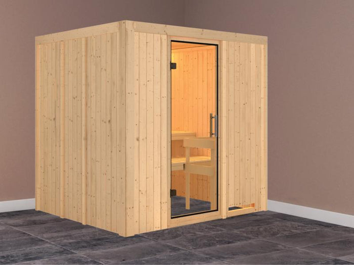 Daria - Karibu Sauna Plug & Play ohne Ofen - ohne Dachkranz - Klarglas Ganzglastür