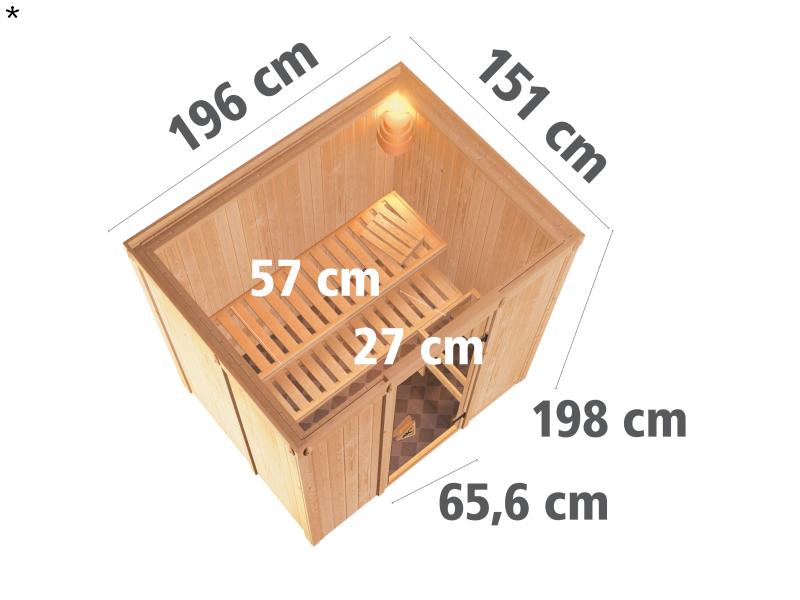 Fanja - Karibu Sauna Plug & Play 3,6 kW Bio Ofen, ext. Steuerung - ohne Dachkranz - Klarglas Ganzgla