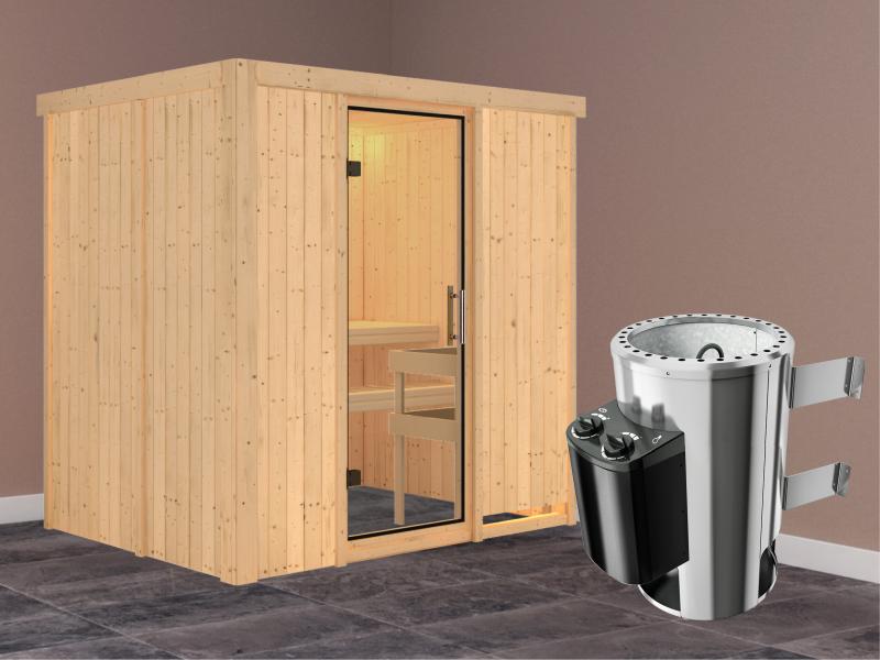 Fanja - Karibu Sauna Plug & Play 3,6 kW Ofen integr. Strg - ohne Dachkranz - Klarglas Ganzglastür