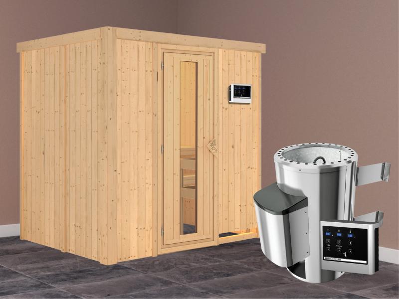 Fanja - Karibu Sauna Plug & Play 3,6 kW Ofen, ext. Steuerung - ohne Dachkranz - Energiespartür