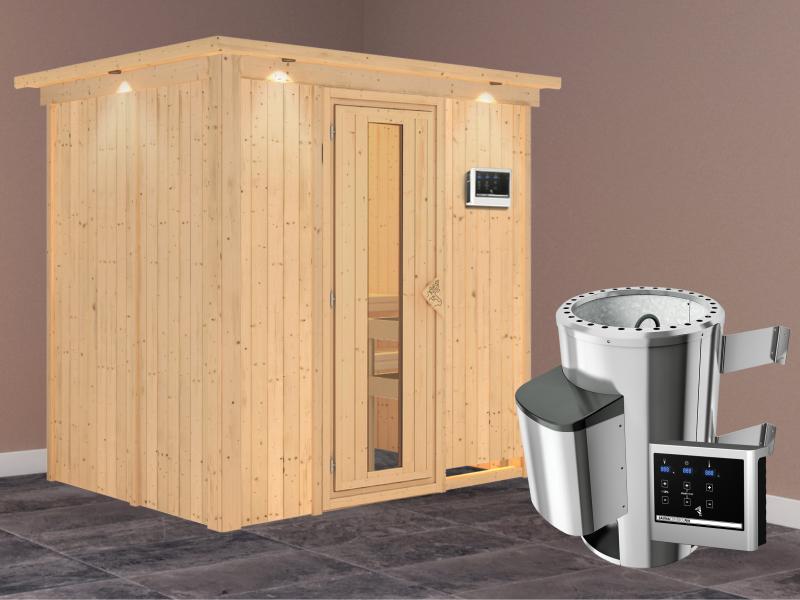Fanja - Karibu Sauna Plug & Play 3,6 kW Ofen, ext. Steuerung - mit Dachkranz - Energiespartür
