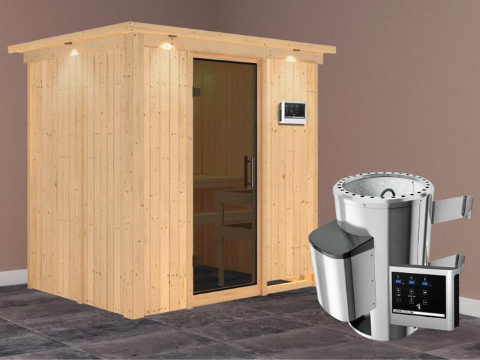 Fanja - Karibu Sauna Plug & Play 3,6 kW Ofen, ext. Steuerung - mit Dachkranz - Moderne Saunatür