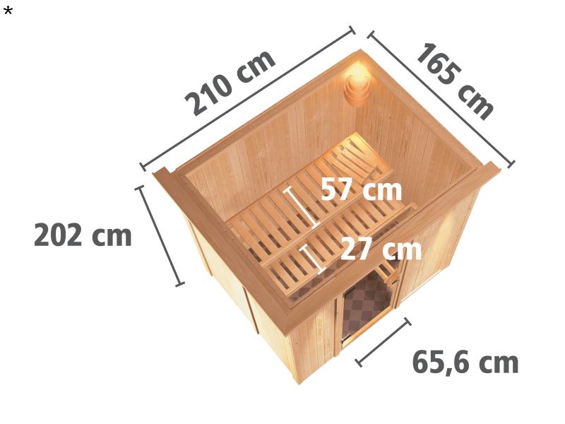 Fanja - Karibu Sauna Plug & Play 3,6 kW Ofen, ext. Steuerung - mit Dachkranz - Moderne Saunatür