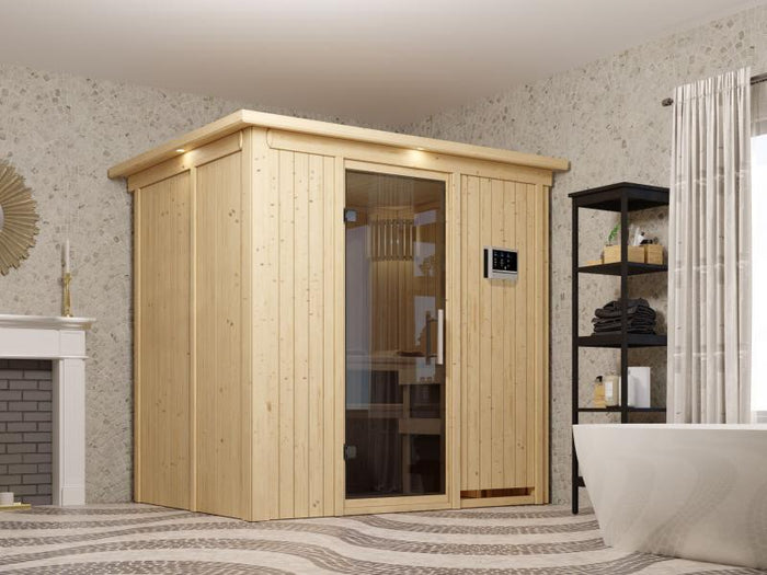 Fanja - Karibu Sauna Plug & Play 3,6 kW Ofen, ext. Steuerung - mit Dachkranz - Moderne Saunatür