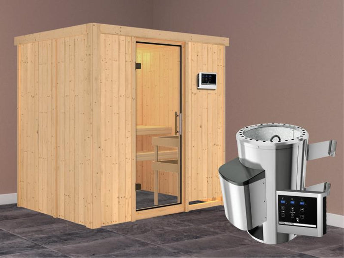 Fanja - Karibu Sauna Plug & Play 3,6 kW Ofen, ext. Steuerung - ohne Dachkranz - Klarglas Ganzglastür