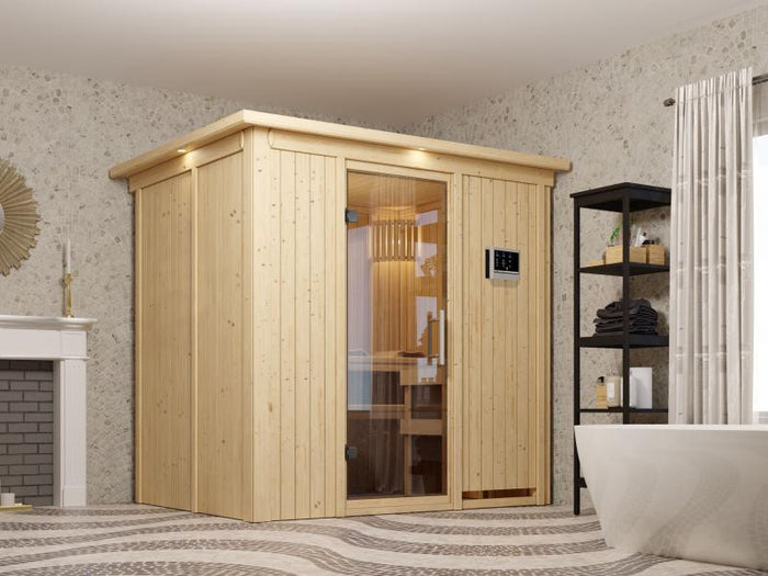Fanja - Karibu Sauna Plug & Play 3,6 kW Ofen, ext. Steuerung - mit Dachkranz - Klarglas Ganzglastür