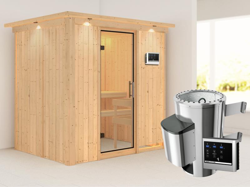 Fanja - Karibu Sauna Plug & Play 3,6 kW Ofen, ext. Steuerung - mit Dachkranz - Klarglas Ganzglastür