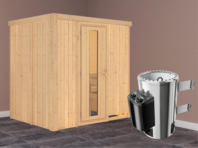 Fanja - Karibu Sauna Plug & Play 3,6 kW Ofen, int. Steuerung - ohne Dachkranz - Energiespartür
