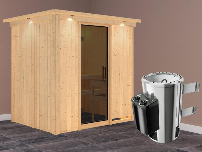 Fanja - Karibu Sauna Plug & Play 3,6 kW Ofen, int. Steuerung - mit Dachkranz - Moderne Saunatür
