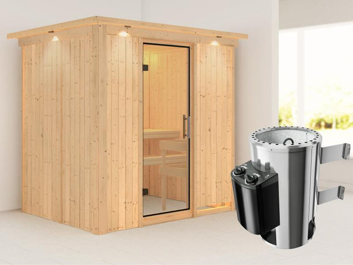 Fanja - Karibu Sauna Plug & Play 3,6 kW Ofen, int. Steuerung - mit Dachkranz - Klarglas Ganzglastür