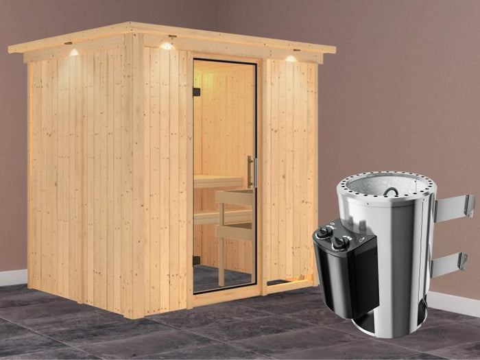 Fanja - Karibu Sauna Plug & Play 3,6 kW Ofen, int. Steuerung - mit Dachkranz - Klarglas Ganzglastür
