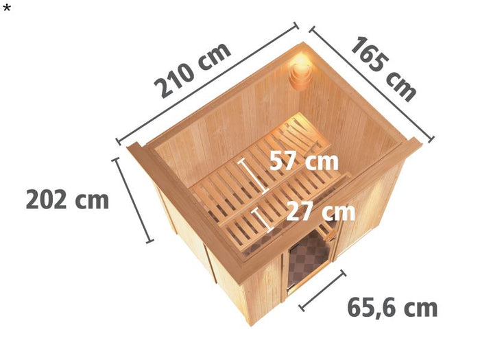Fanja - Karibu Sauna Plug & Play 3,6 kW Ofen, int. Steuerung - mit Dachkranz - Klarglas Ganzglastür