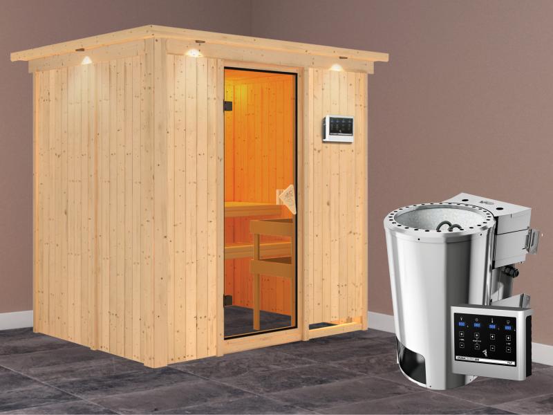Fanja - Karibu Sauna Plug & Play inkl. 3,6 kW-Bioofen - mit Dachkranz -