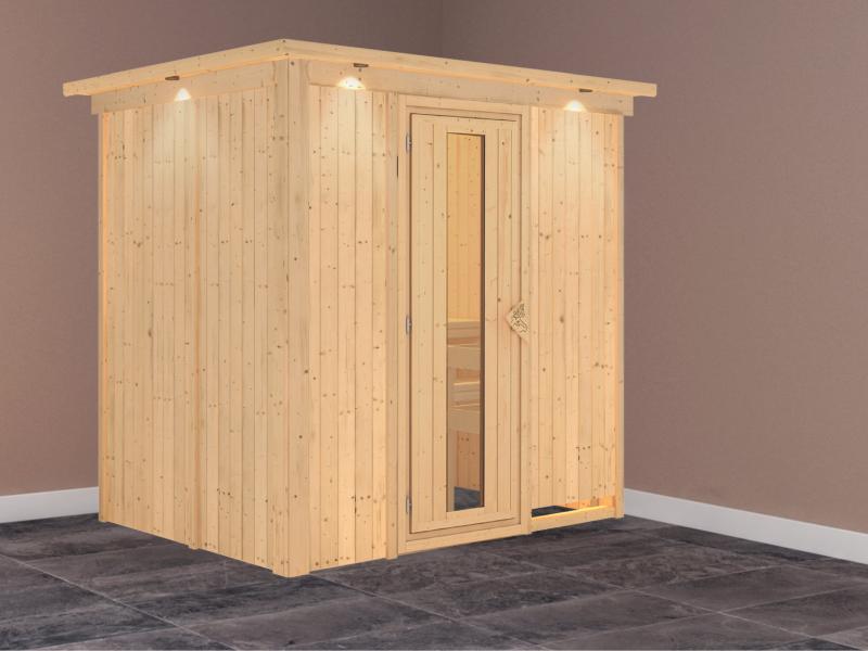 Fanja - Karibu Sauna Plug & Play ohne Ofen - mit Dachkranz - Energiespartür