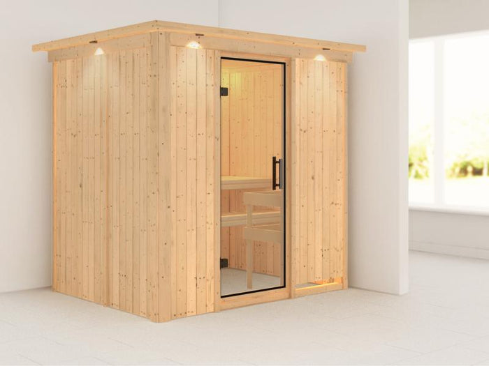 Fanja - Karibu Sauna Plug & Play ohne Ofen - mit Dachkranz - Klarglas Ganzglastür