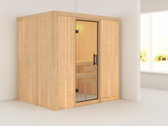 Fanja - Karibu Sauna Plug & Play ohne Ofen - ohne Dachkranz - Klarglas Ganzglastür