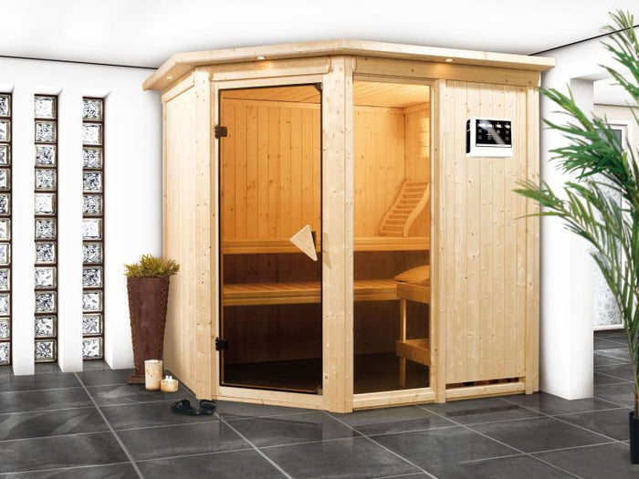 Fiona 1 - Karibu Sauna inkl. 9-kW-Bioofen - mit Dachkranz -